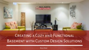 A renovated and furnished basement with the business logo, blog title, and read more option.